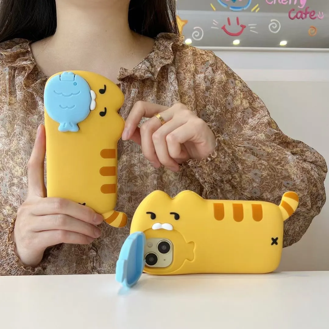 Cute Cat & Fish Lens Stand Case for iPhone 17, Compatible with iPhone 16/15 Pro Max/14 Pro Max, Shockproof Soft TPU Bumper with Kickstand